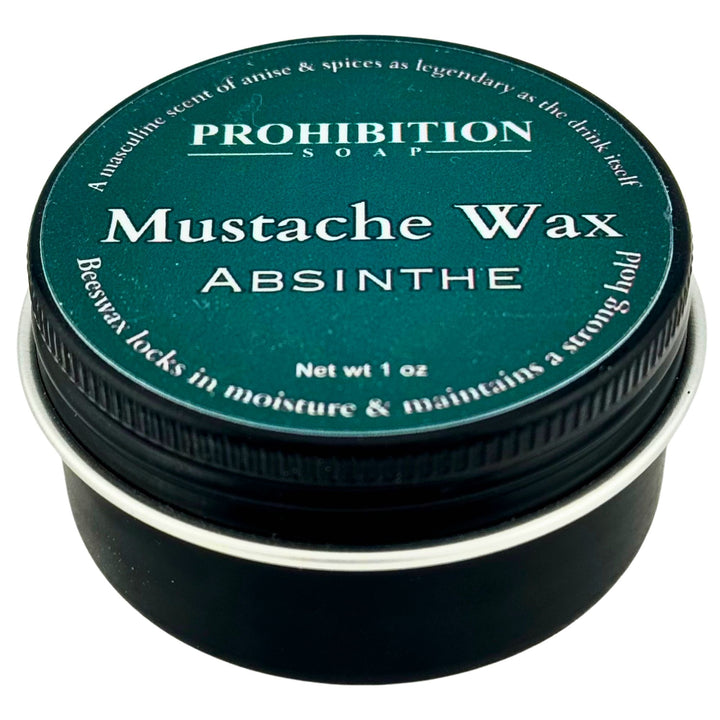 Mustache wax container labeled 'Prohibition Soap' with 'Absinthe' scent on a white background.