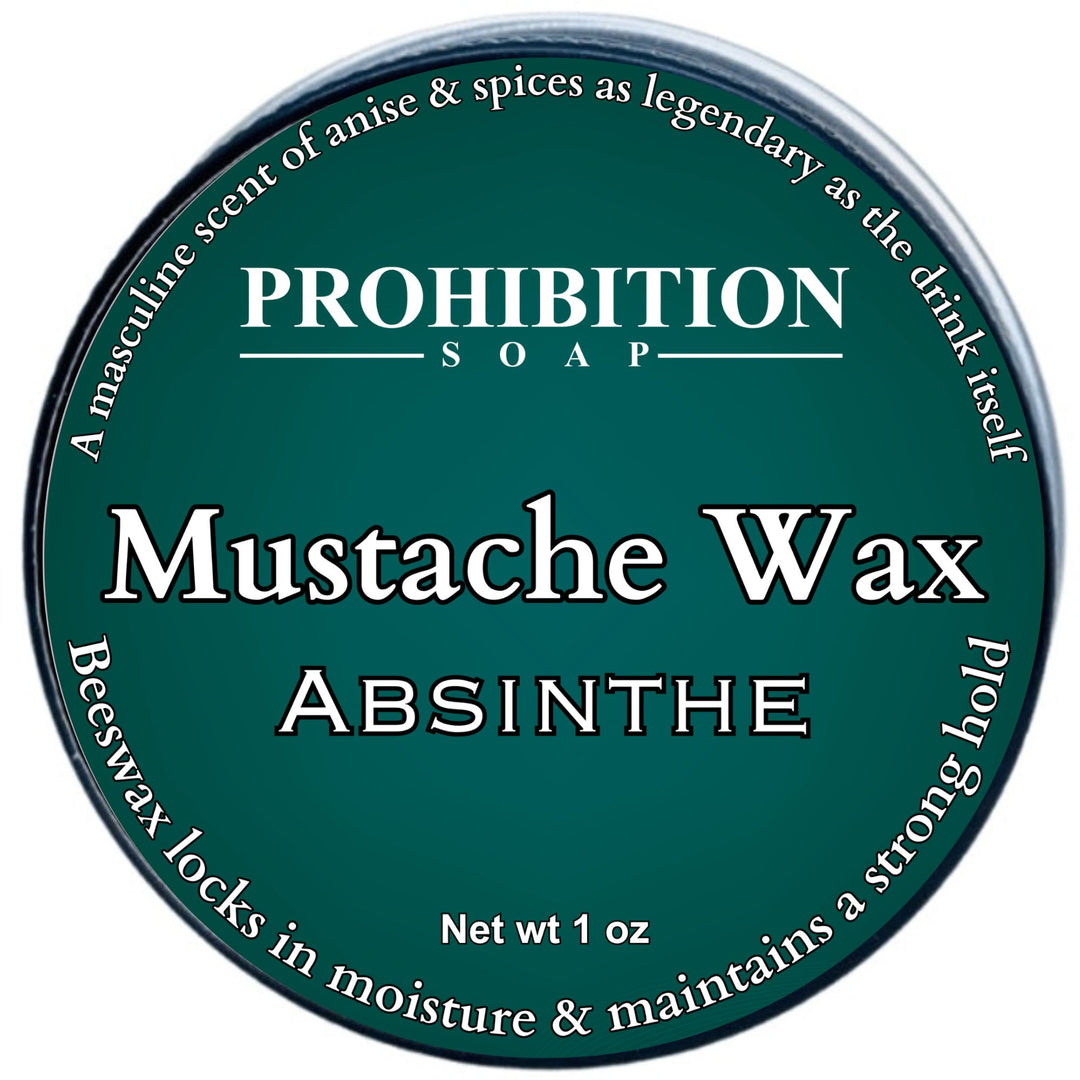 Prohibition Soap Mustache Wax Absinthe container with green label