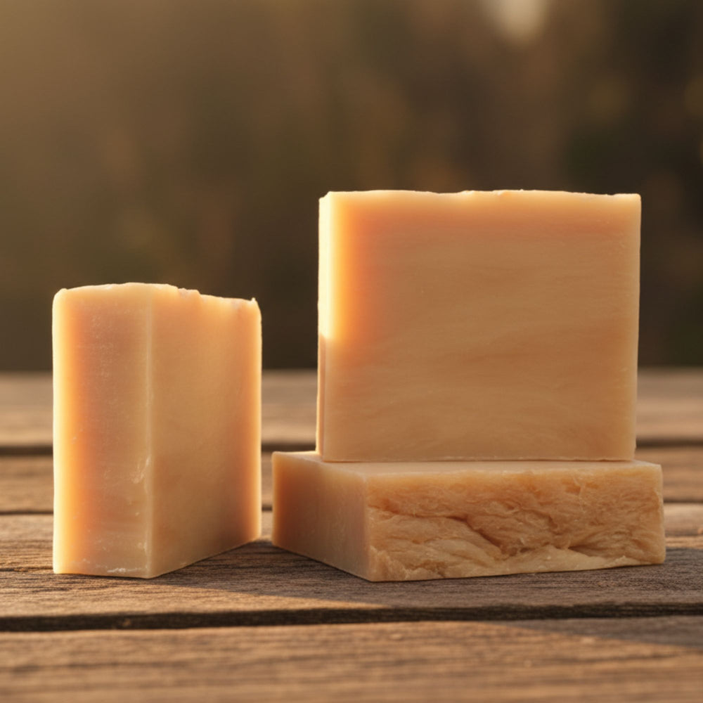 Three bars of soap on a wooden surface with a blurred natural background