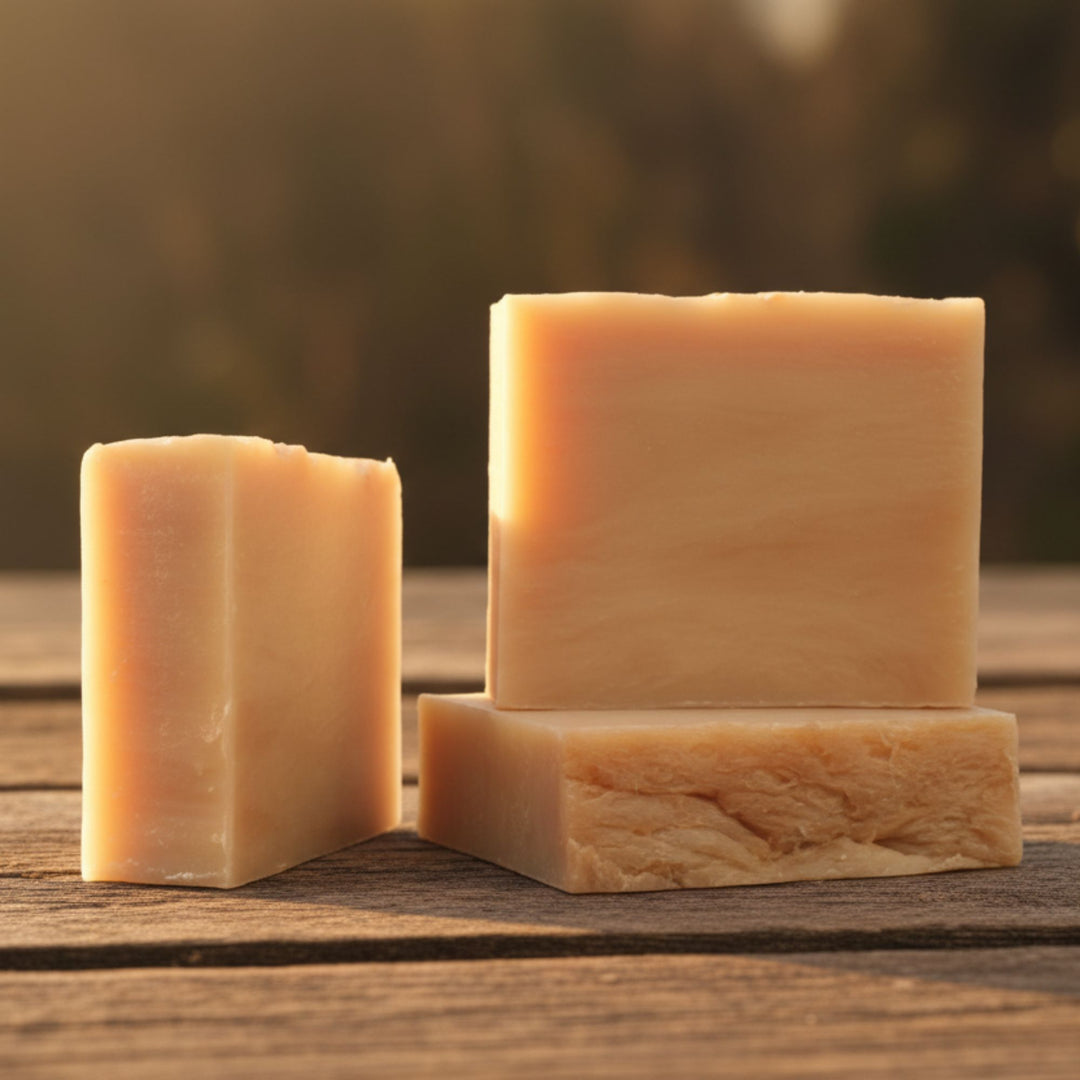 Three bars of soap on a wooden surface with a blurred natural background