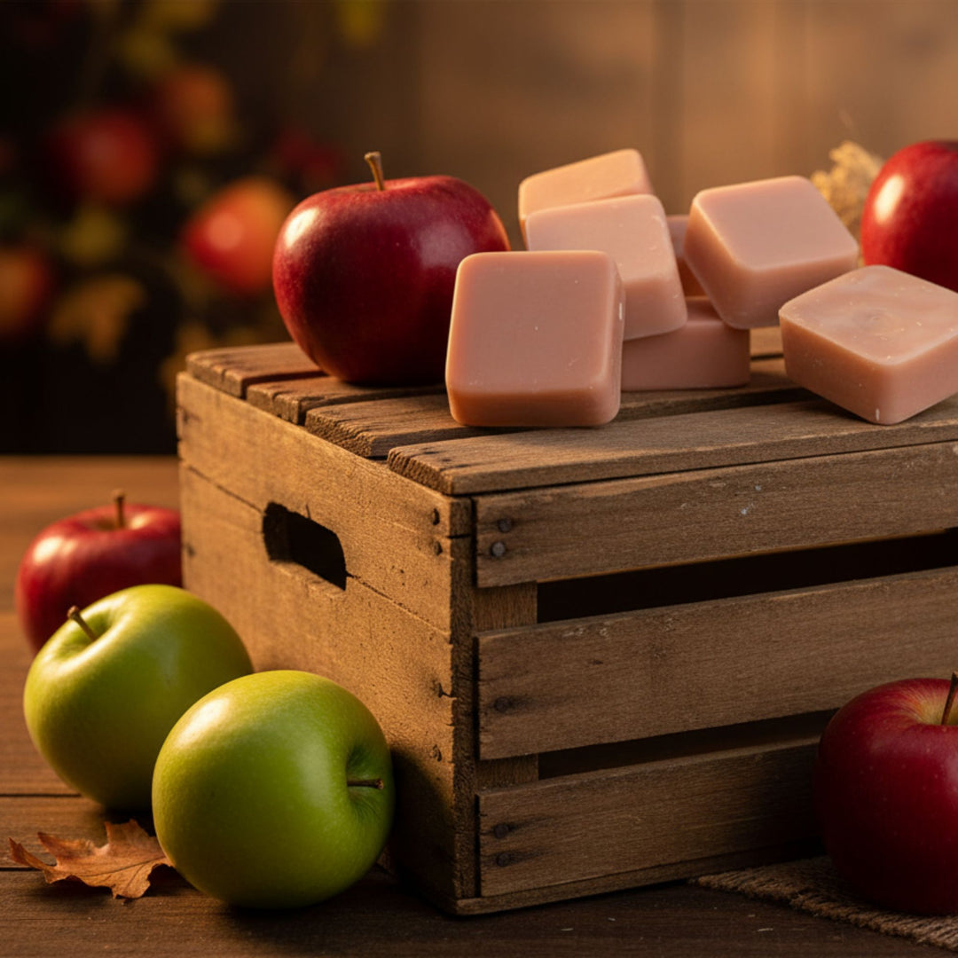 Wooden crate with apples and wax melts on a wooden surface