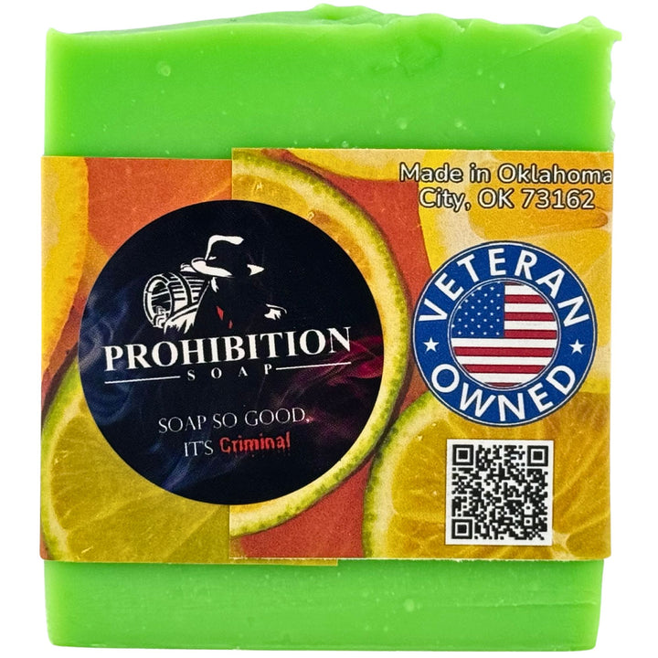 Green soap bar with Prohibition Soap branding and a &