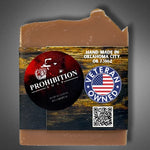 Back of Kentucky Bourbon bar soap showing the Prohibition Soap logo, Veteran Owned badge, "Hand-Made in Oklahoma City" text, and a QR code