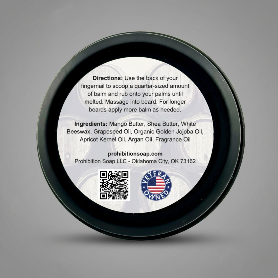 Black container with white label featuring directions and ingredients on a gray background