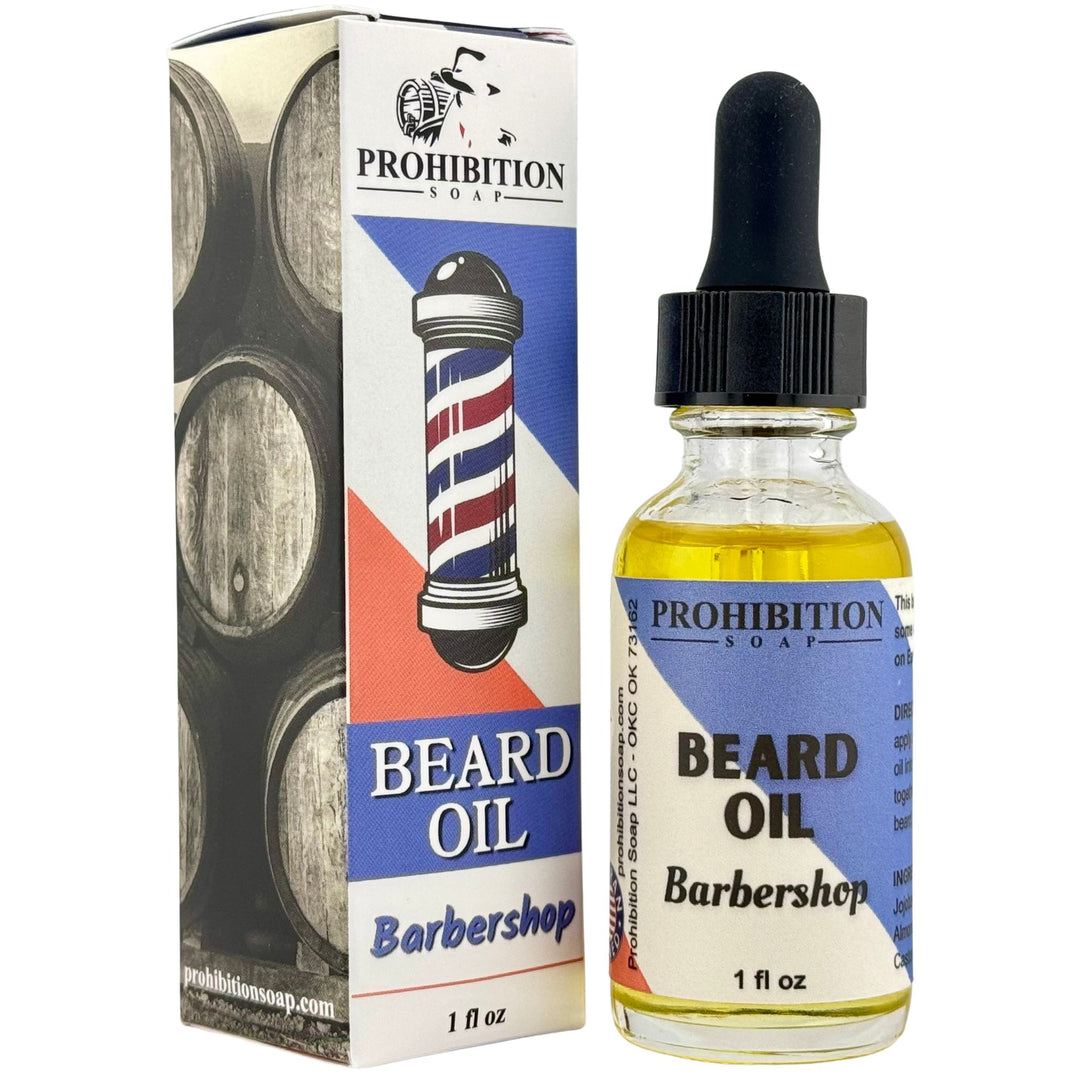 Prohibition Soap beard oil bottle and packaging on a white background