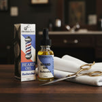 Prohibition Beard Oil with packaging and scissors on a wooden surface