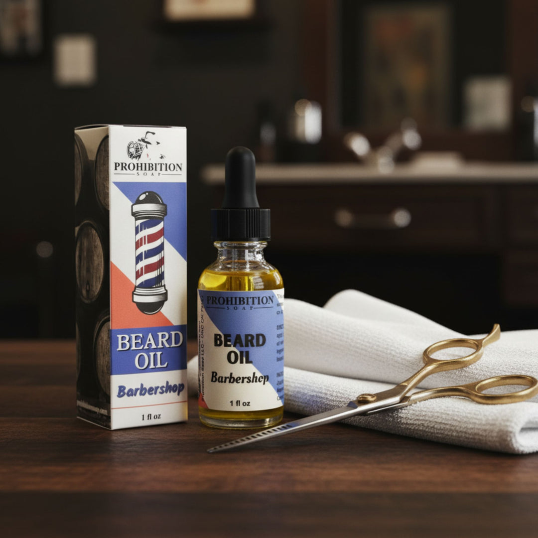 Prohibition Beard Oil with packaging and scissors on a wooden surface