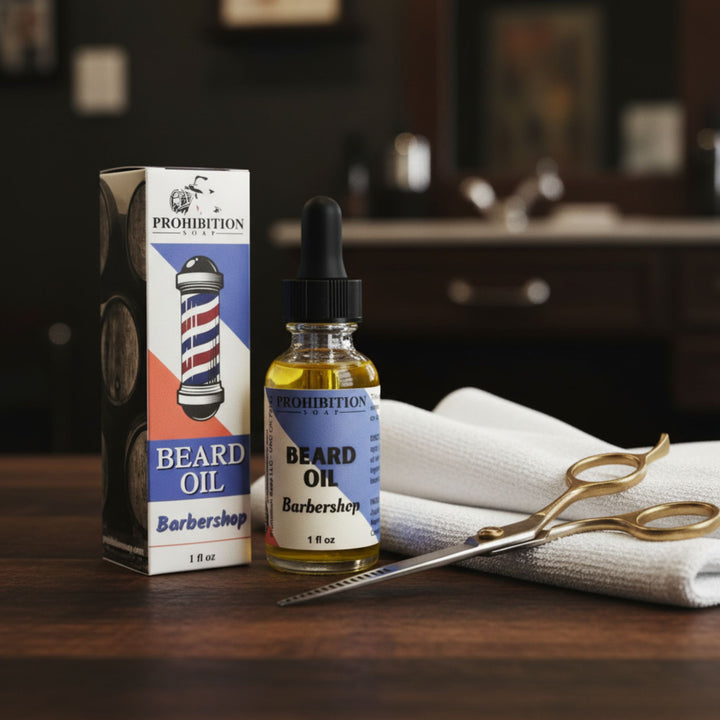 Prohibition Beard Oil with packaging and scissors on a wooden surface