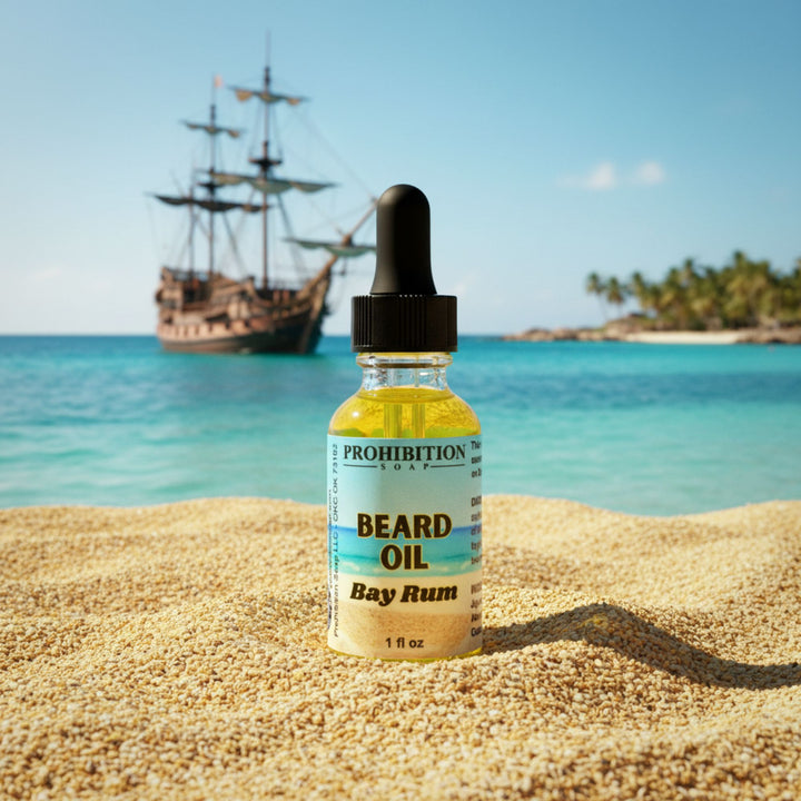 Bottle of Prohibition Beard Oil with a ship and tropical island in the background on a beach.