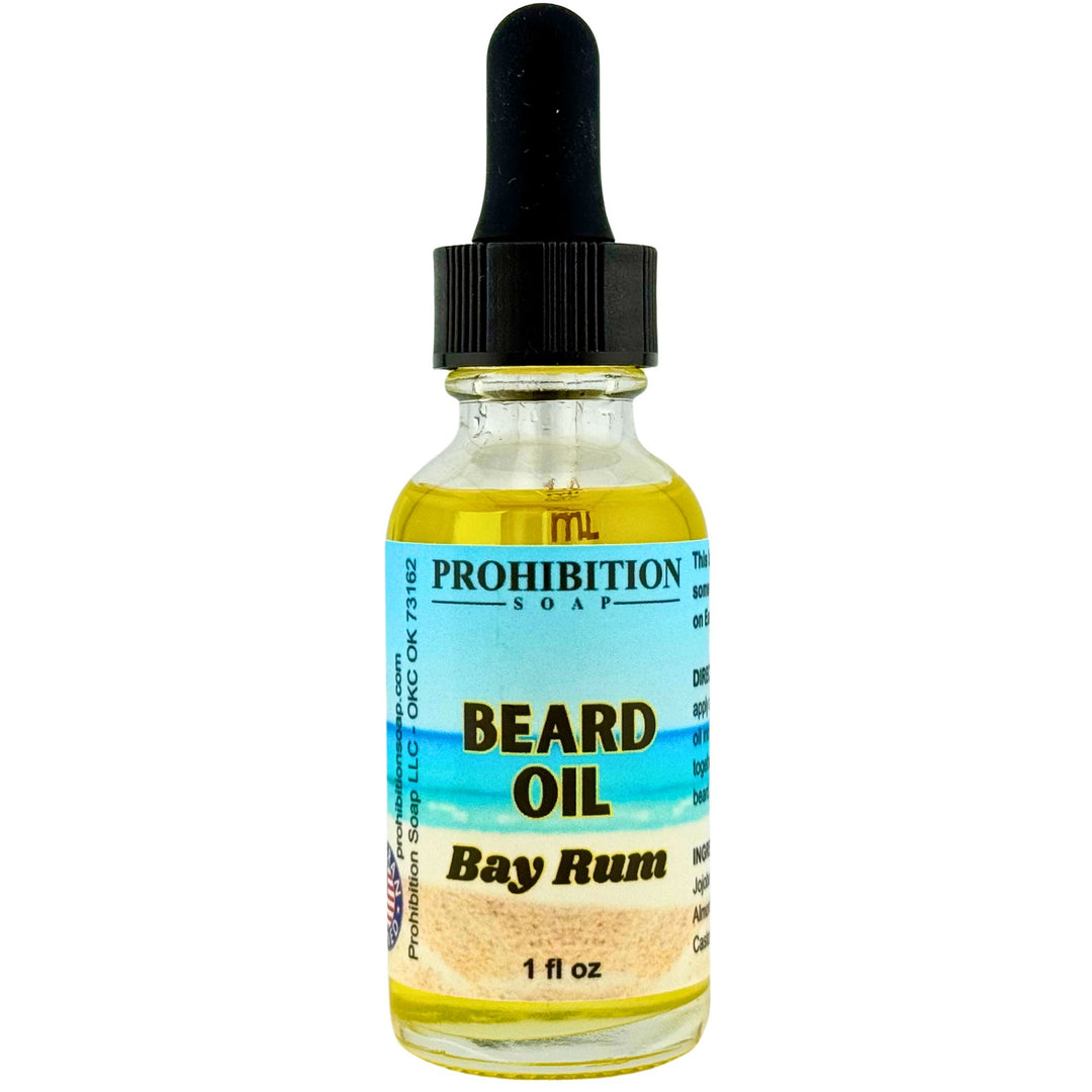 Bottle of Prohibition Soap beard oil with a dropper on a white background