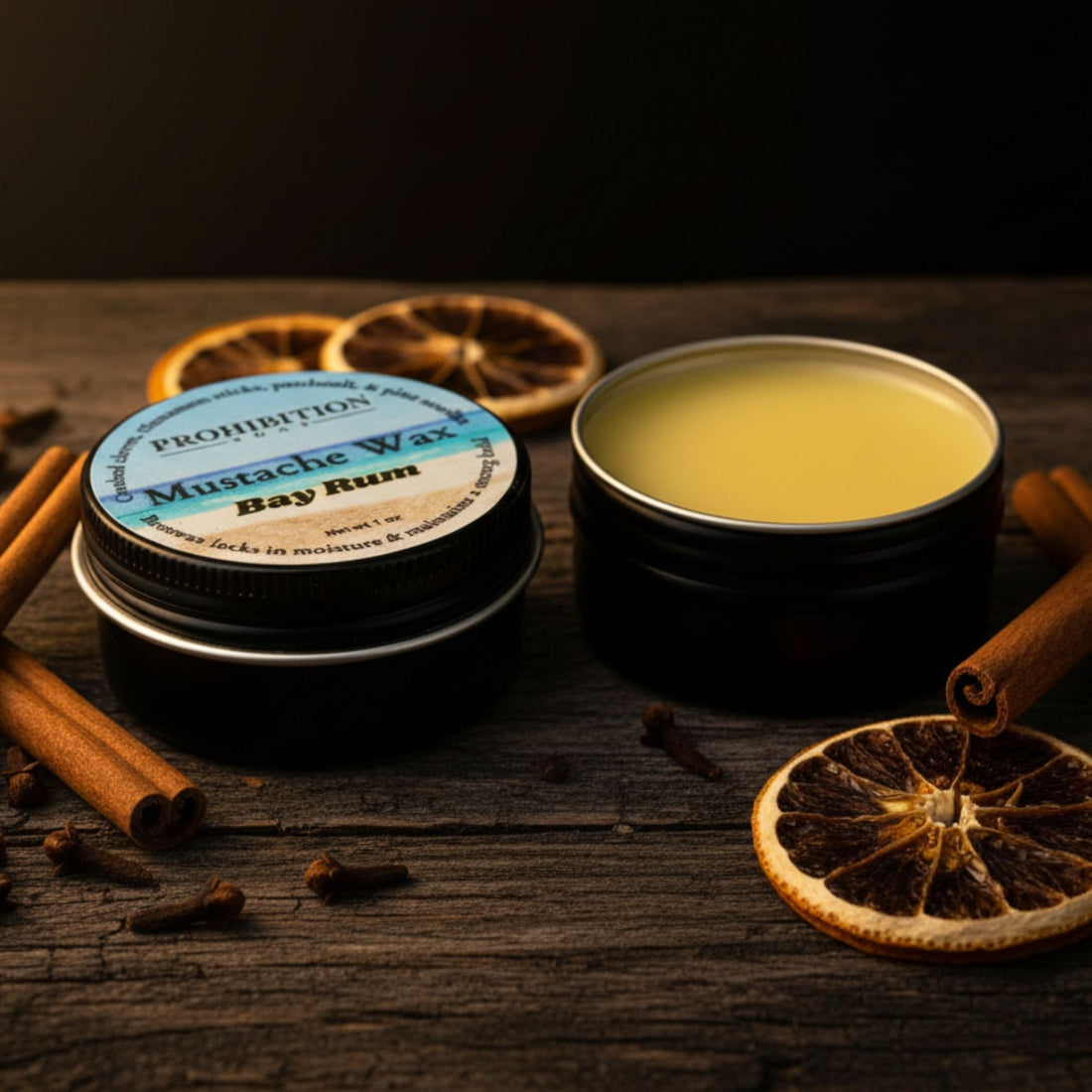 Mustache wax with bay rum and cinnamon sticks on a wooden surface