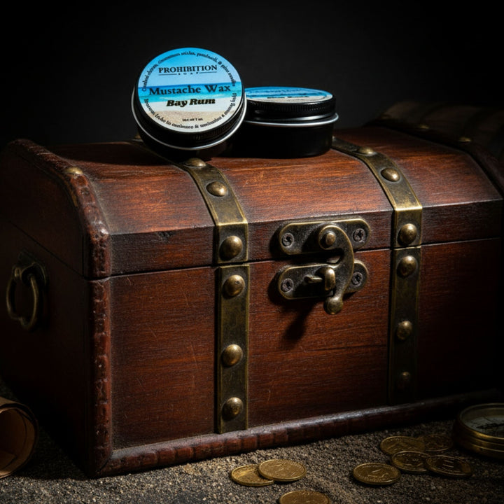 Two small containers of Prohibition Wax on a wooden chest with coins around.