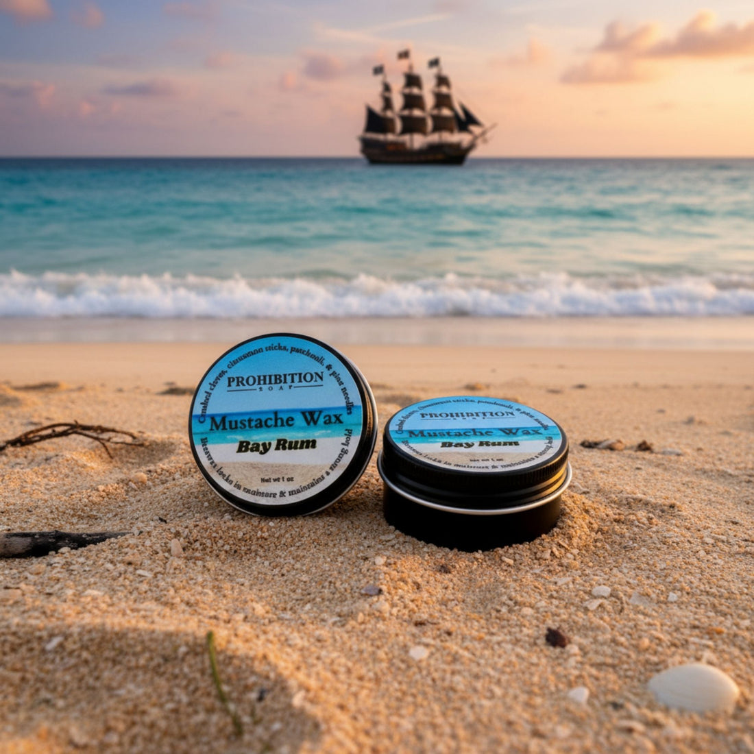 Two containers of Prohibition Mustache Wax on a beach with a pirate ship in the background.