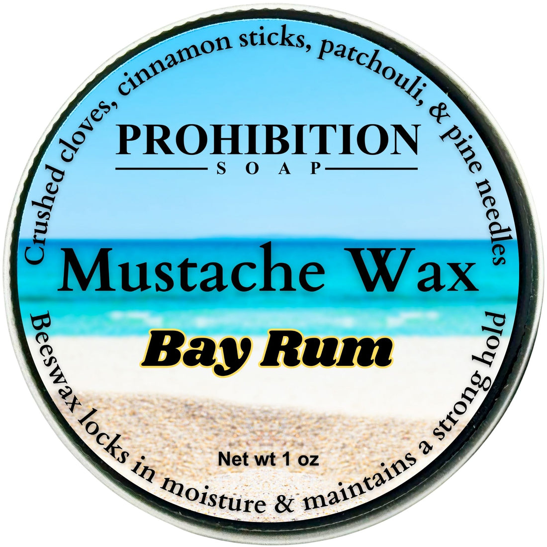 Prohibition Soap Company Bay Rum mustache wax container with beach scene label