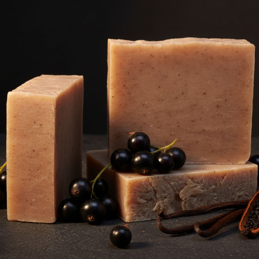 Three bars of soap with black currants on a dark background