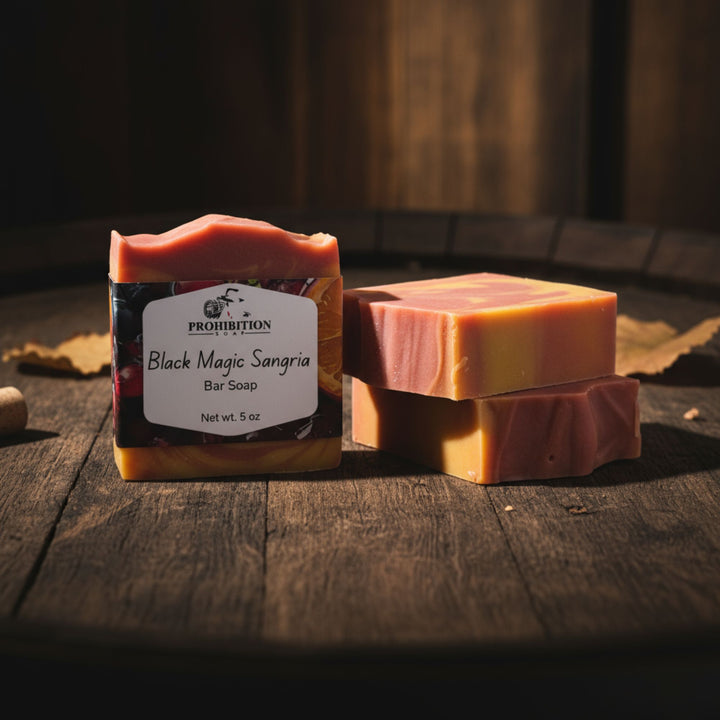 Bar of soap with a label on a wooden surface