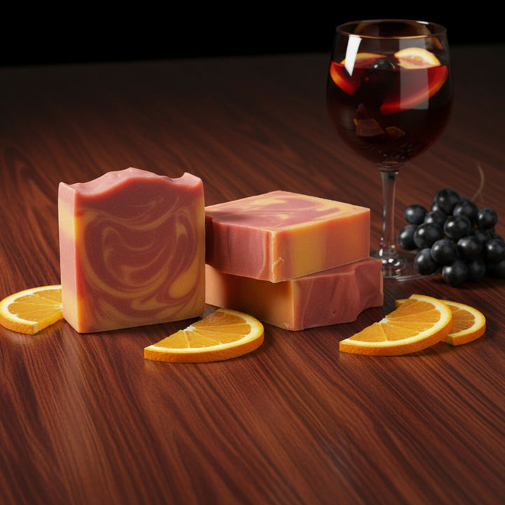 Three bars of soap with swirl patterns, orange slices, a glass of red wine, and grapes on a wooden surface.