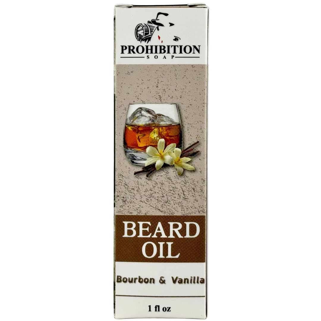 Box of Prohibition Soap Bourbon &amp; Vanilla Beard Oil on a white background