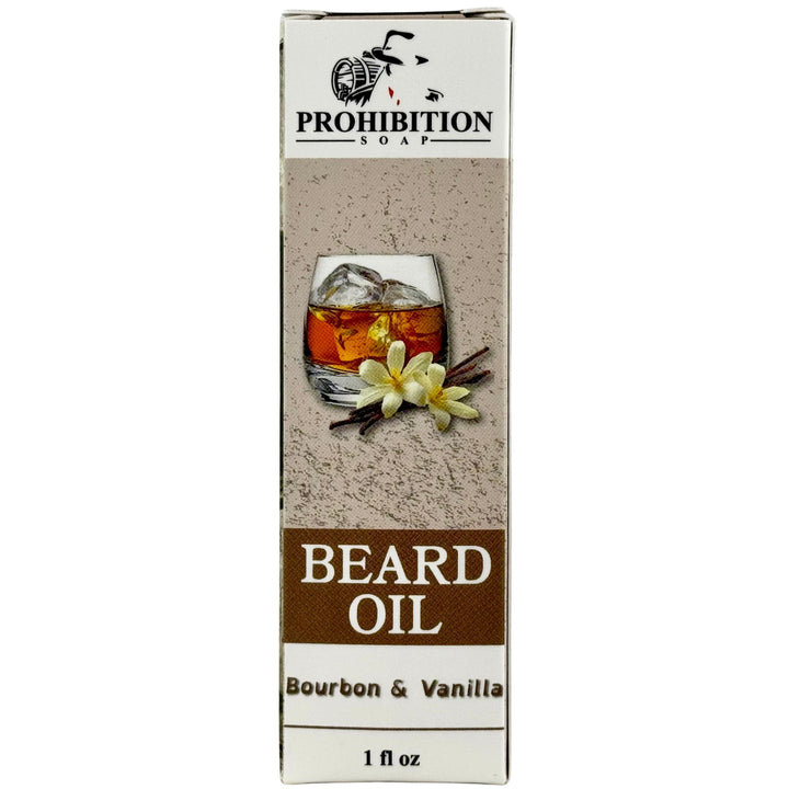 Box of Prohibition Soap Bourbon &amp; Vanilla Beard Oil on a white background