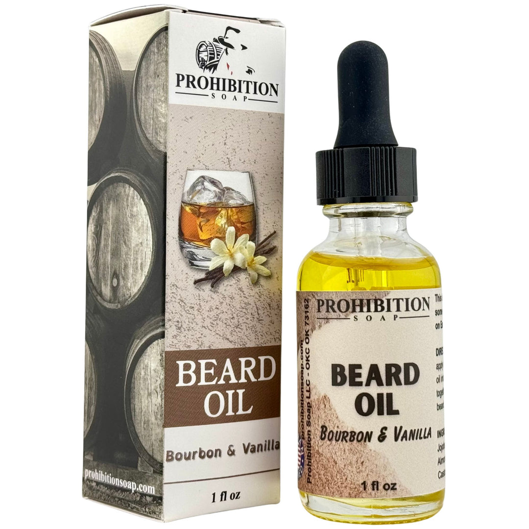 Prohibition Soap Bourbon & Vanilla Beard Oil packaging and bottle on a white background