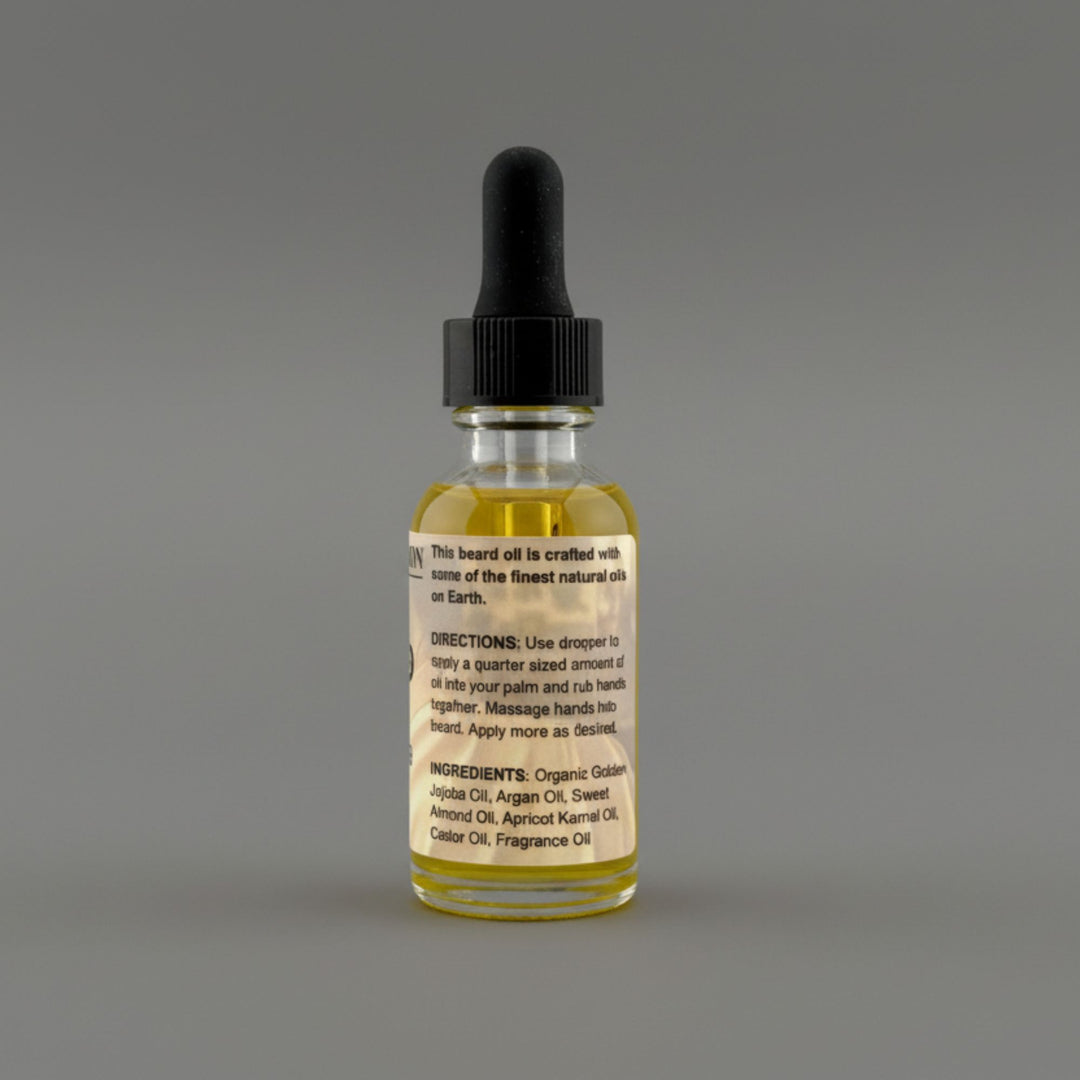 Bottle of beard oil with dropper on a gray background