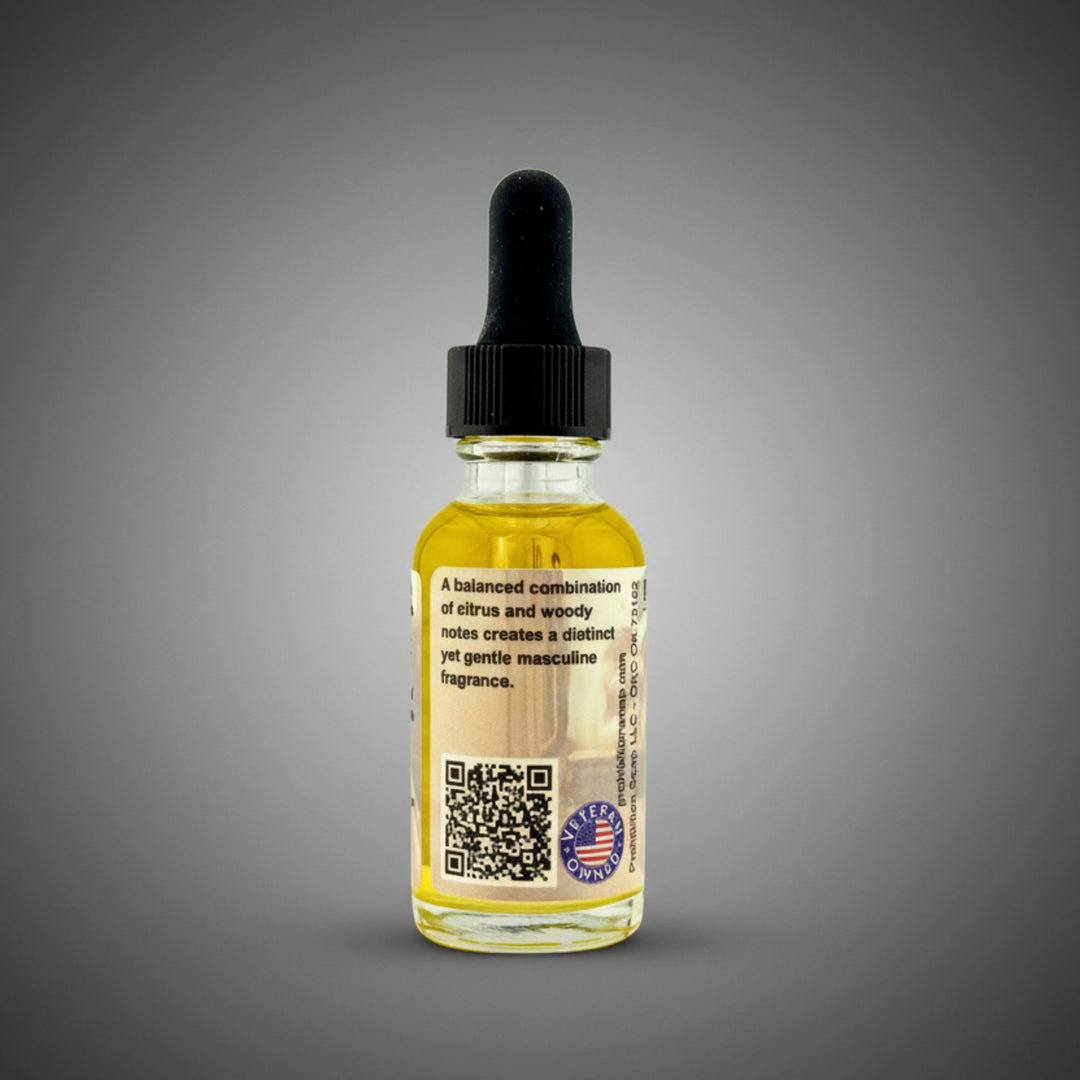 Bottle of beard oil with a dropper on a gray background