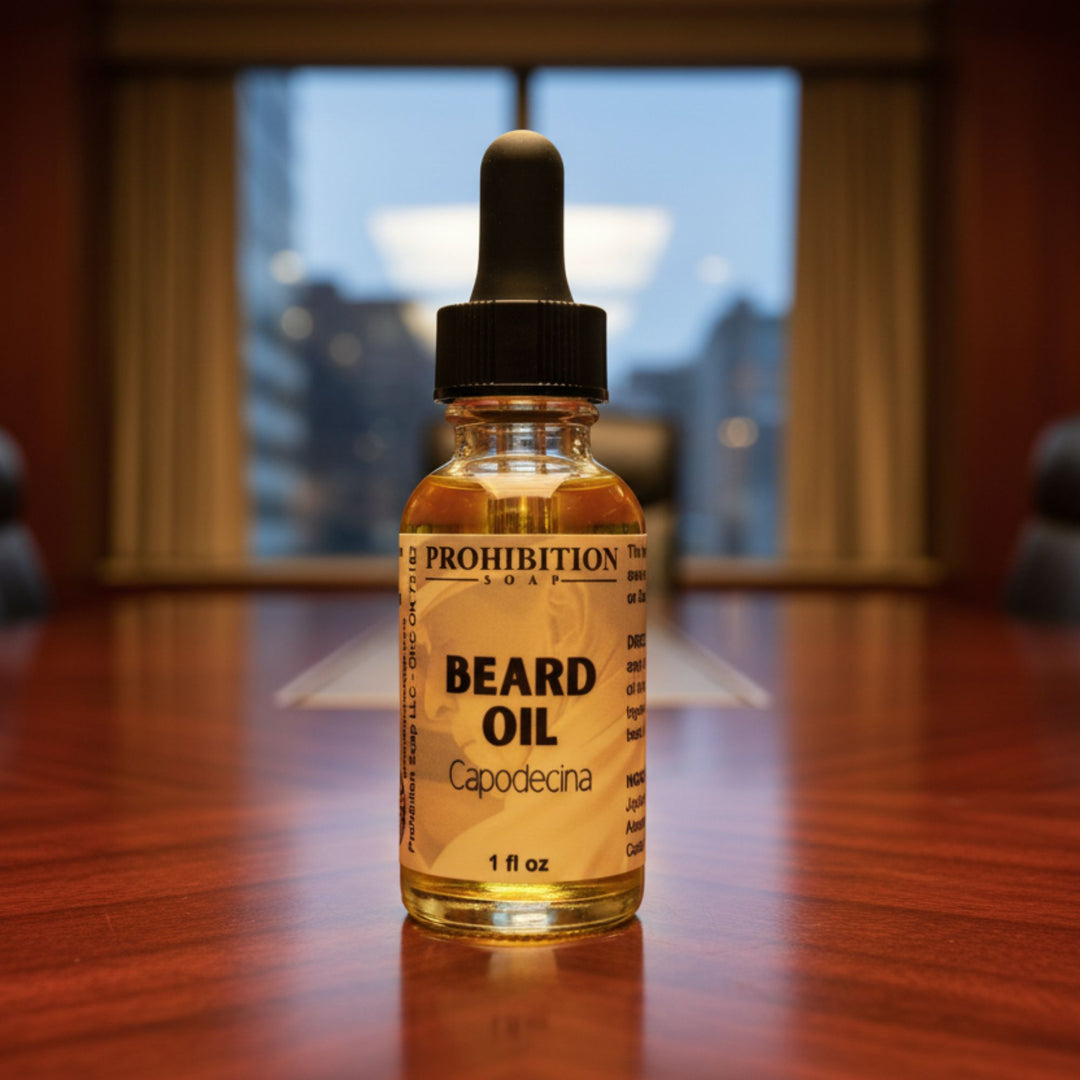 Bottle of Prohibition Soap beard oil on a wooden surface with a blurred background