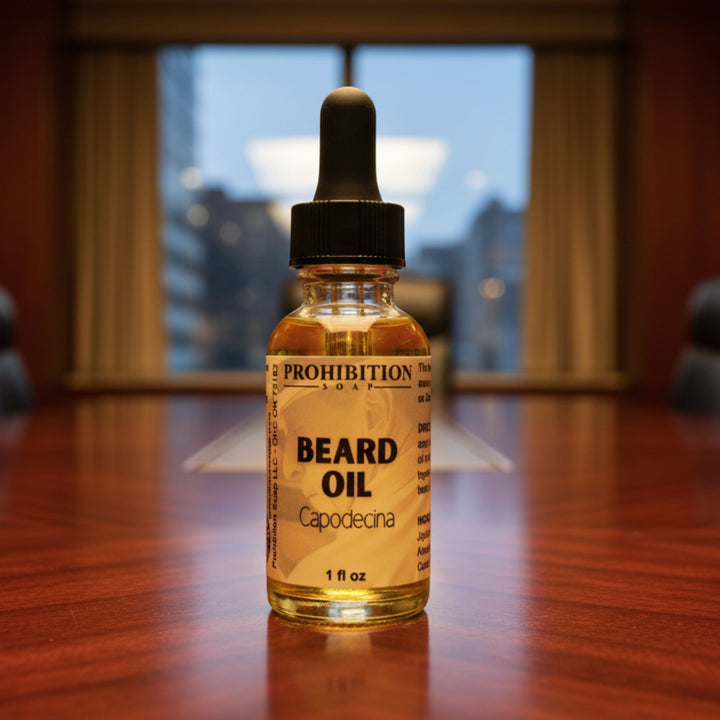 Bottle of Prohibition Soap beard oil on a wooden surface with a blurred background