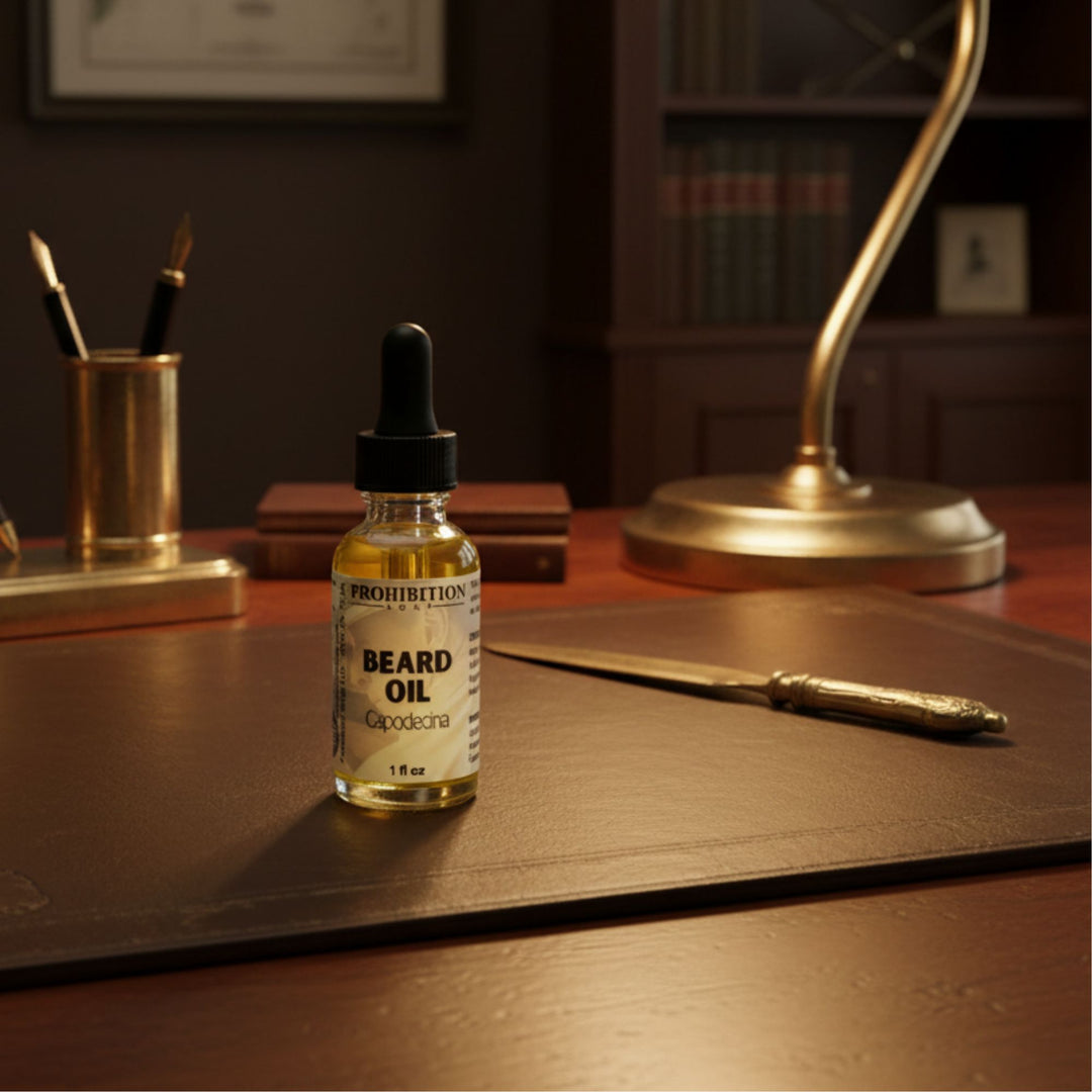 Bottle of Prohibition Beard Oil on a wooden desk with a lamp and books in the background