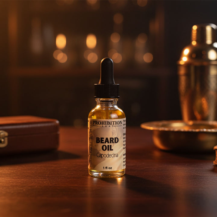 Bottle of Prohibition Beard Oil on a wooden surface with a blurred background
