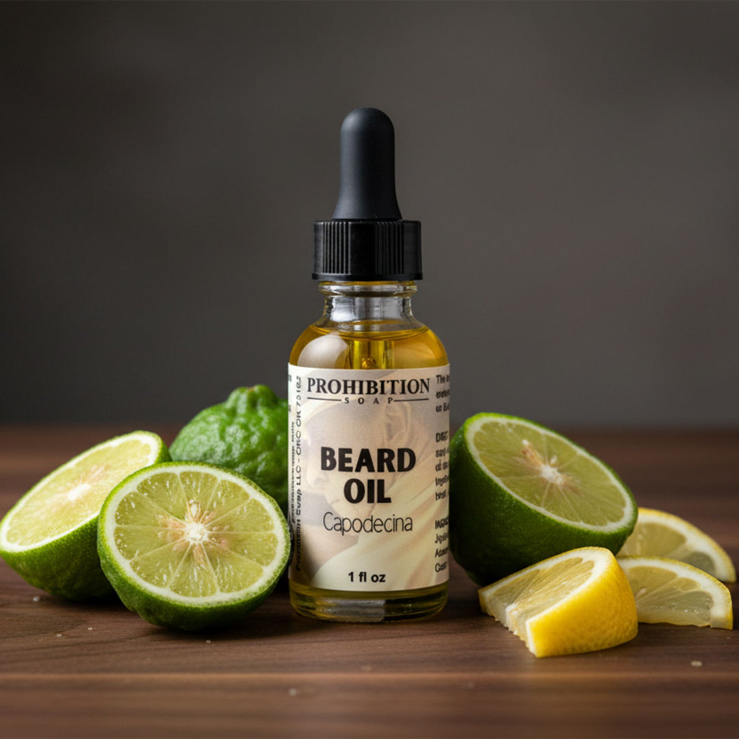 Bottle of Prohibition Soap beard oil with limes and lemons on a wooden surface