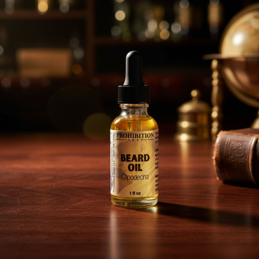Bottle of Prohibition Soap Beard Oil on a wooden surface with a blurred bar background