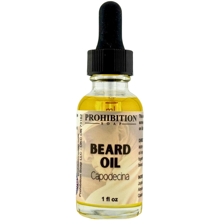 Bottle of Prohibition Soap beard oil on a white background