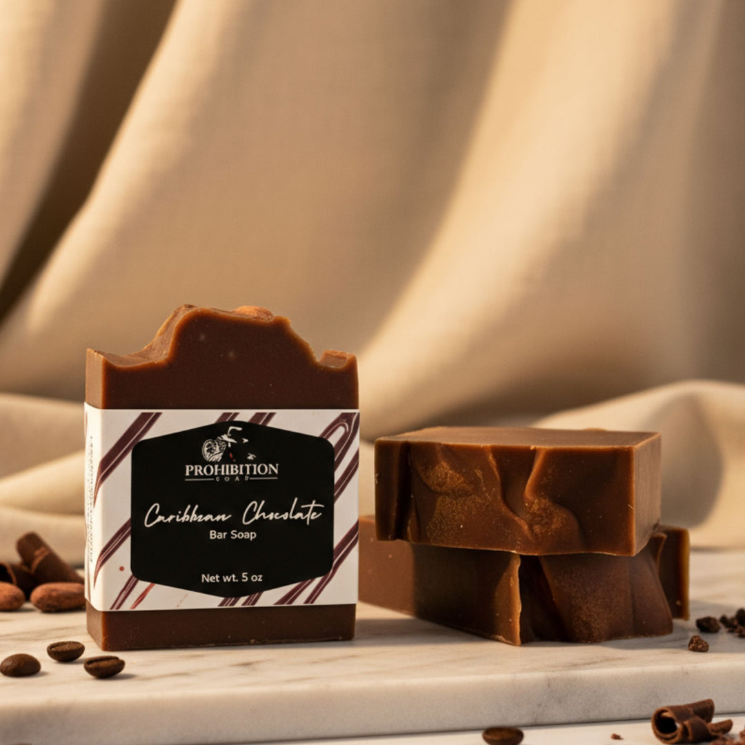 Caribbean Chocolate bar soap with packaging on a neutral background