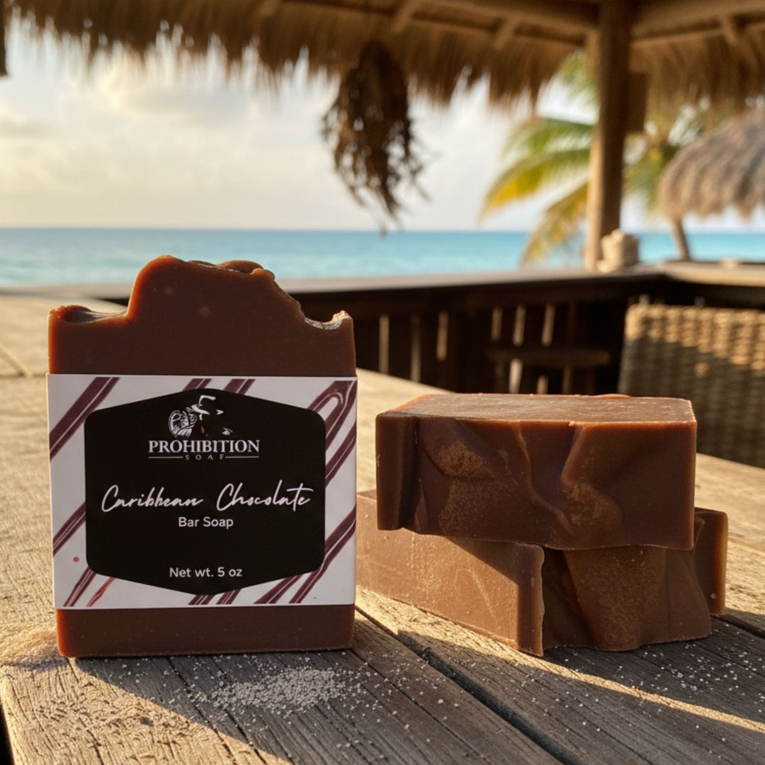 Caribbean Chocolate Bar Soap by Prohibition Soap on on a wooden surface with a beach background