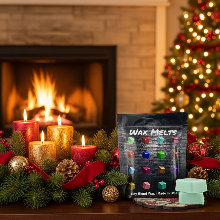 Wax melts packaging with candles and Christmas decorations in front of a fireplace and tree.