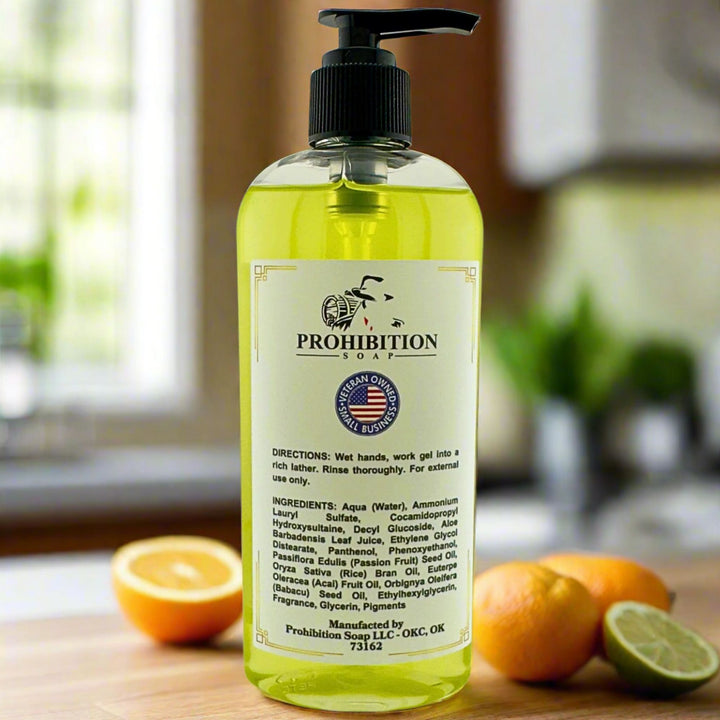 Citrus & Sage Liquid Hand Soap ingredients on kitchen counter - prohibitionsoap.com