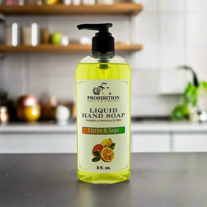 Citrus & Sage Liquid Hand Soap on kitchen counter - prohibitionsoap.com