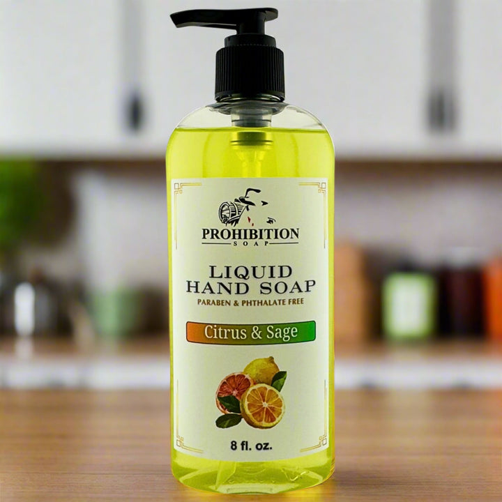 Citrus & Sage Liquid Hand Soap on kitchen counter - prohibitionsoap.com