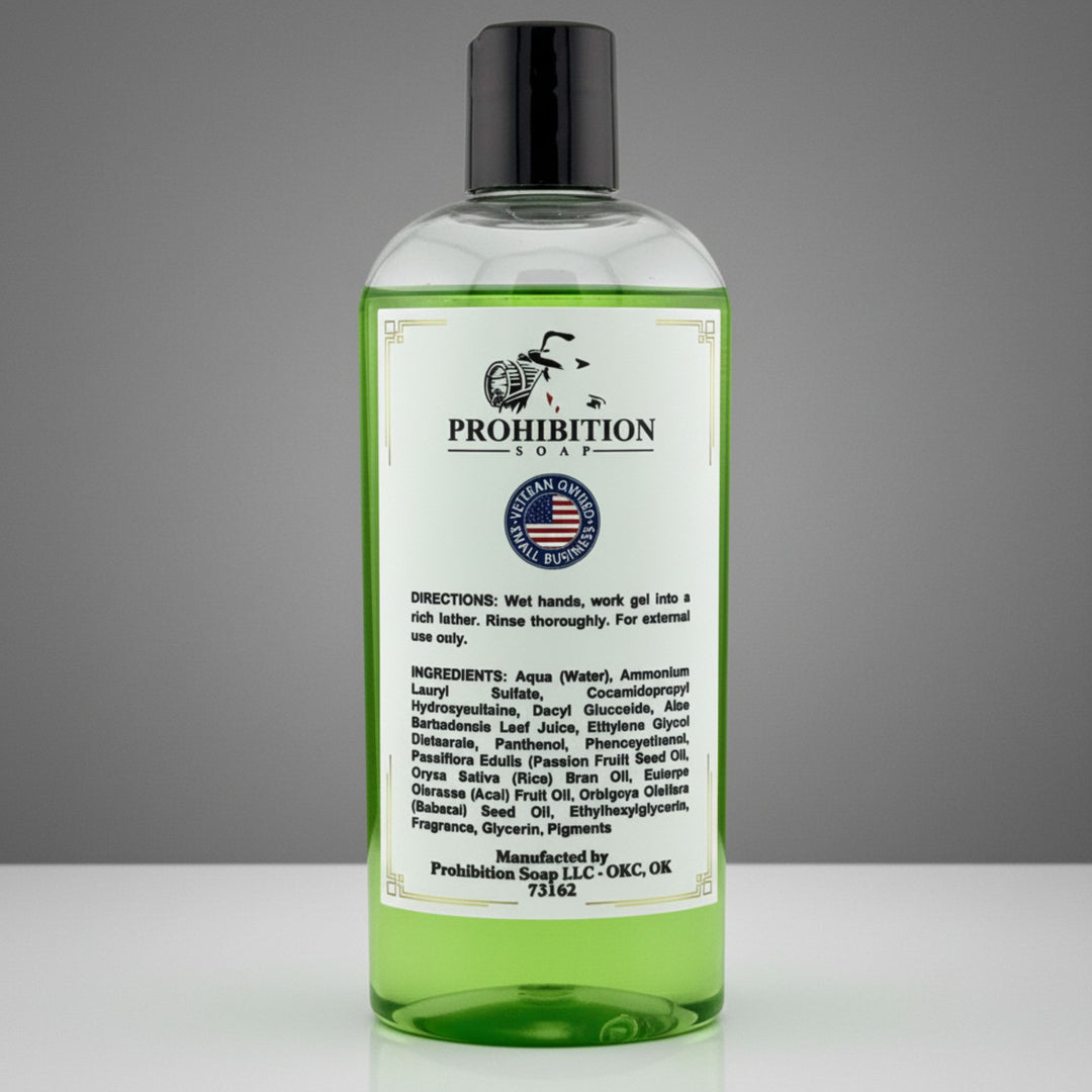 A bottle of Prohibition Soap Shower Gel with light green gel, a white label, and a black cap, set against a neutral gray background.