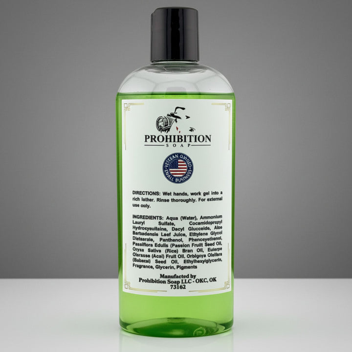 A bottle of Prohibition Soap Shower Gel with light green gel, a white label, and a black cap, set against a neutral gray background.
