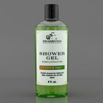 A bottle of Prohibition Soap Shower Gel in the Citrus & Sage scent, featuring a clear bottle filled with green gel and a white label, set against a solid gray background.