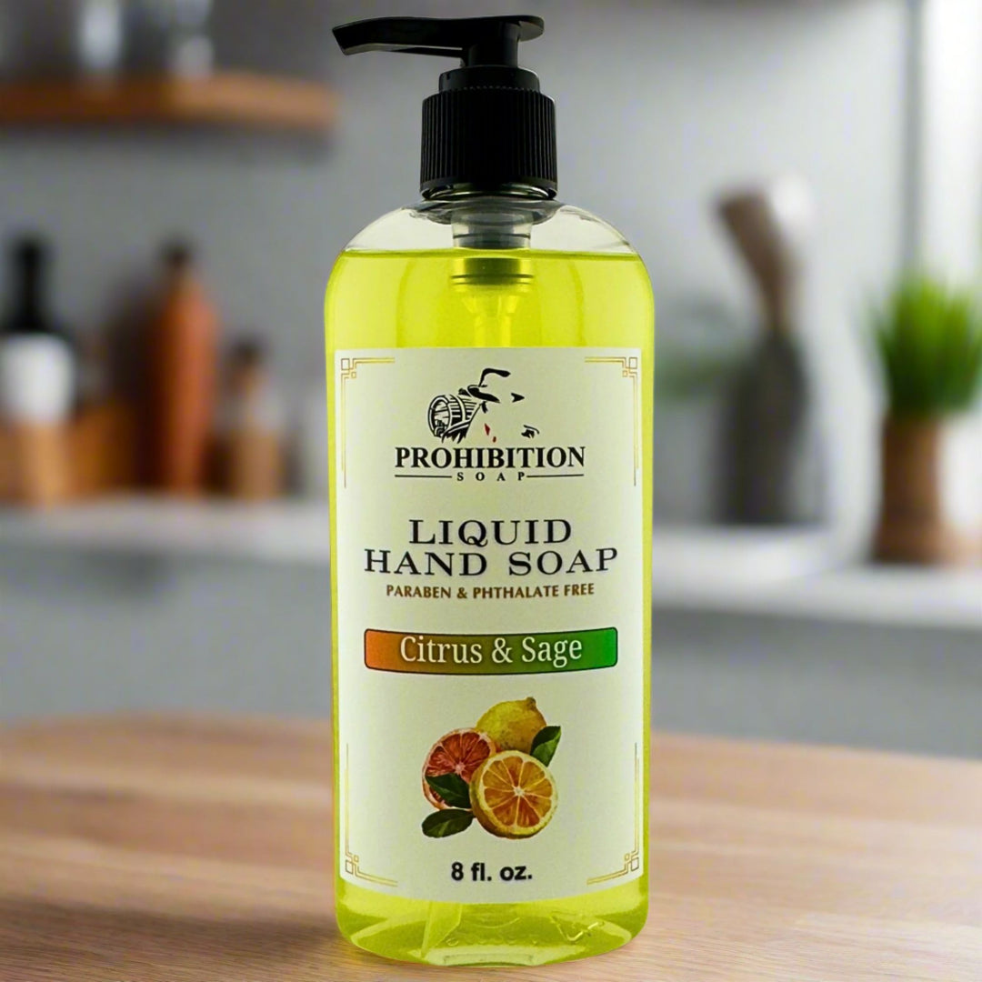 Citrus & Sage Liquid Hand Soap on kitchen counter - prohibitionsoap.com