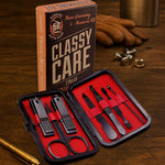 Man's grooming kit with tools and branded box on a wooden surface