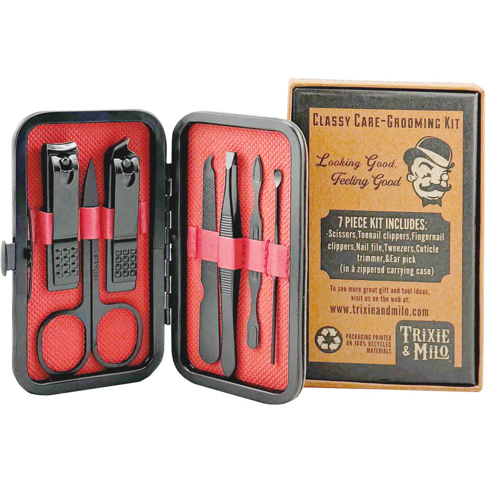 Grooming kit with scissors, clippers, and tweezers in a red case with a cardboard box labeled 'Trixie & Milo' on a white background.