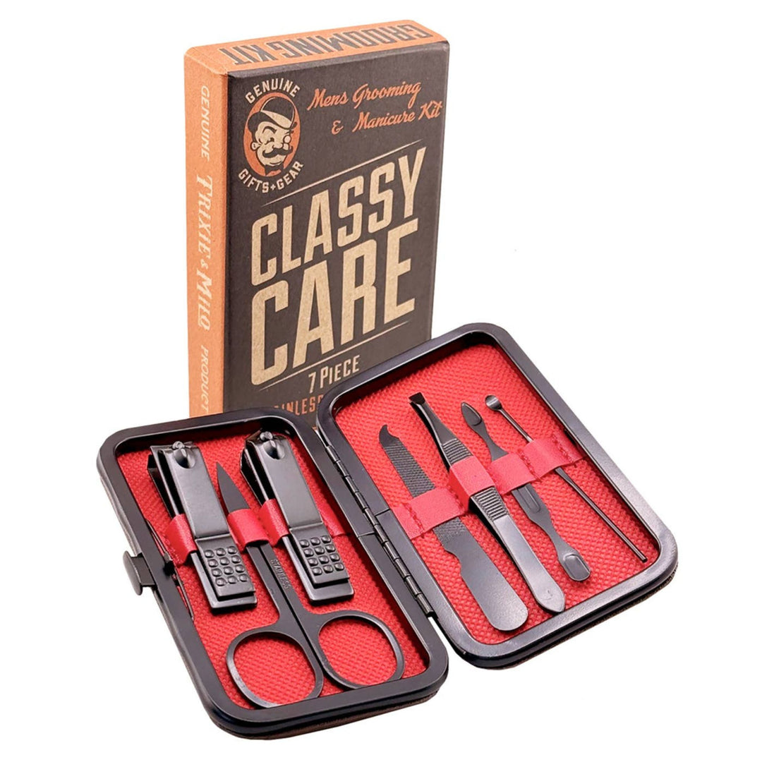 Manicure set with tools and open box labeled 'Classy Care' on a white background