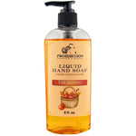 A bottle of Prohibition Soap Liquid Hand Soap in the Fall Harvest scent, featuring amber-colored liquid inside a clear bottle with a black pump dispenser and a beige label.