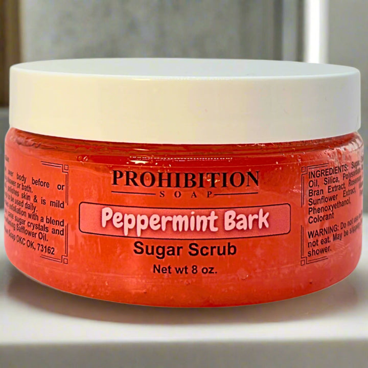 Peppermint Bark Sugar Scrub On Counter - prohibitionsoap.com