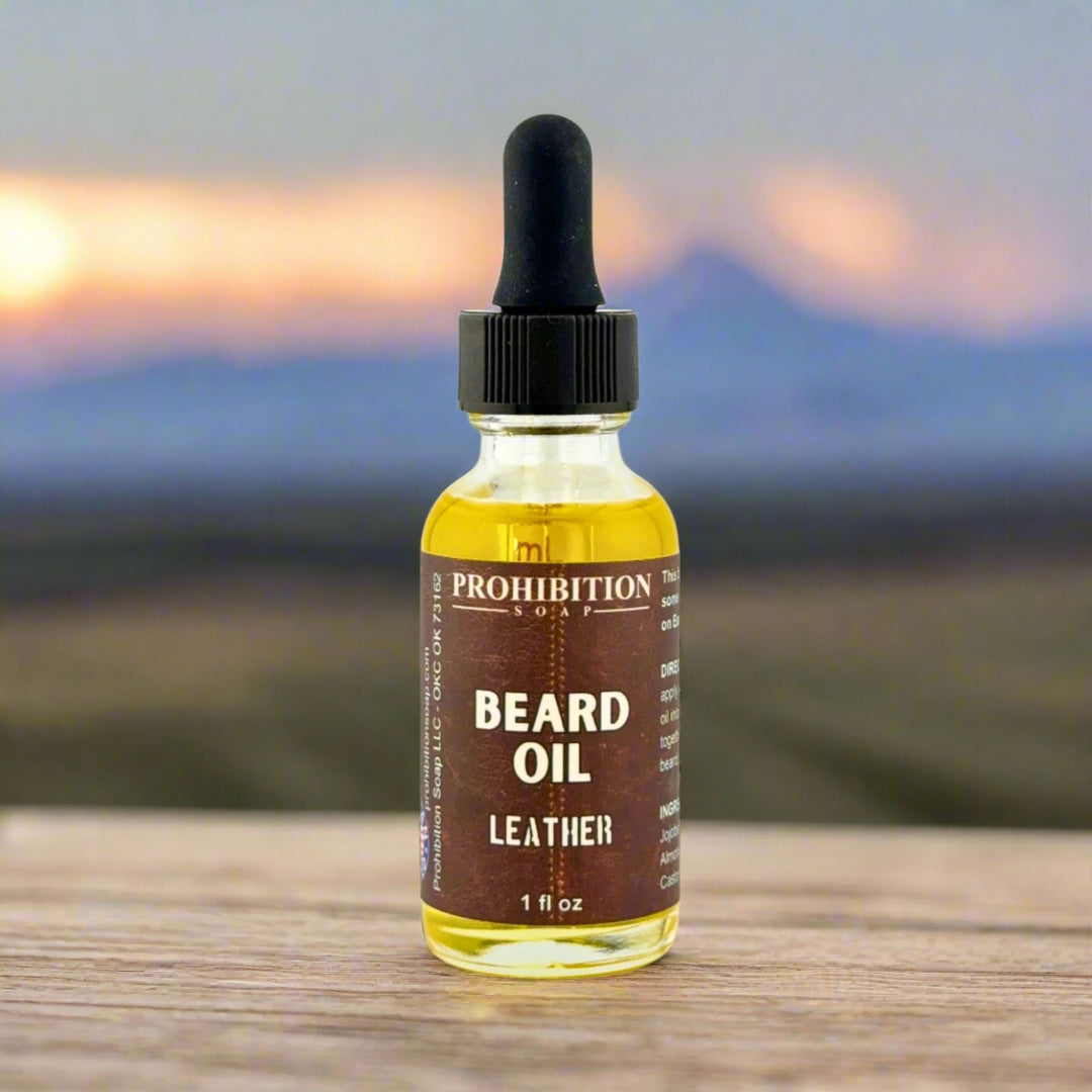 Bottle of Prohibition Soap Beard Oil with a blurred natural background