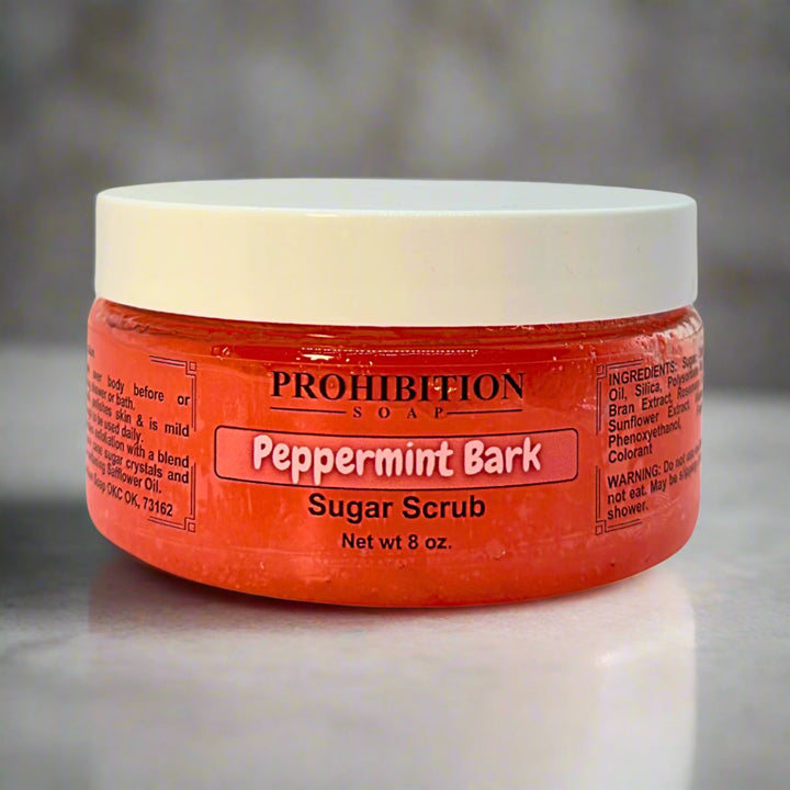 Peppermint Bark Sugar Scrub On Counter - prohibitionsoap.com